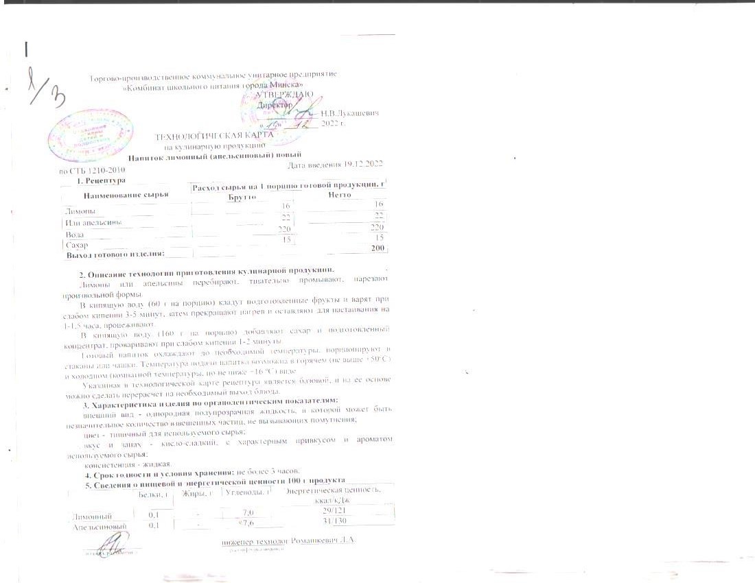 Технологические карты блюд школьного меню - Средняя школа №4 г. Осиповичи